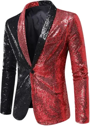 Sequin Blazer for Mens Shawl Lapel Party Disco Shiny Color Block Sports Coats Elegant Slim Fit Party Dress Jacket