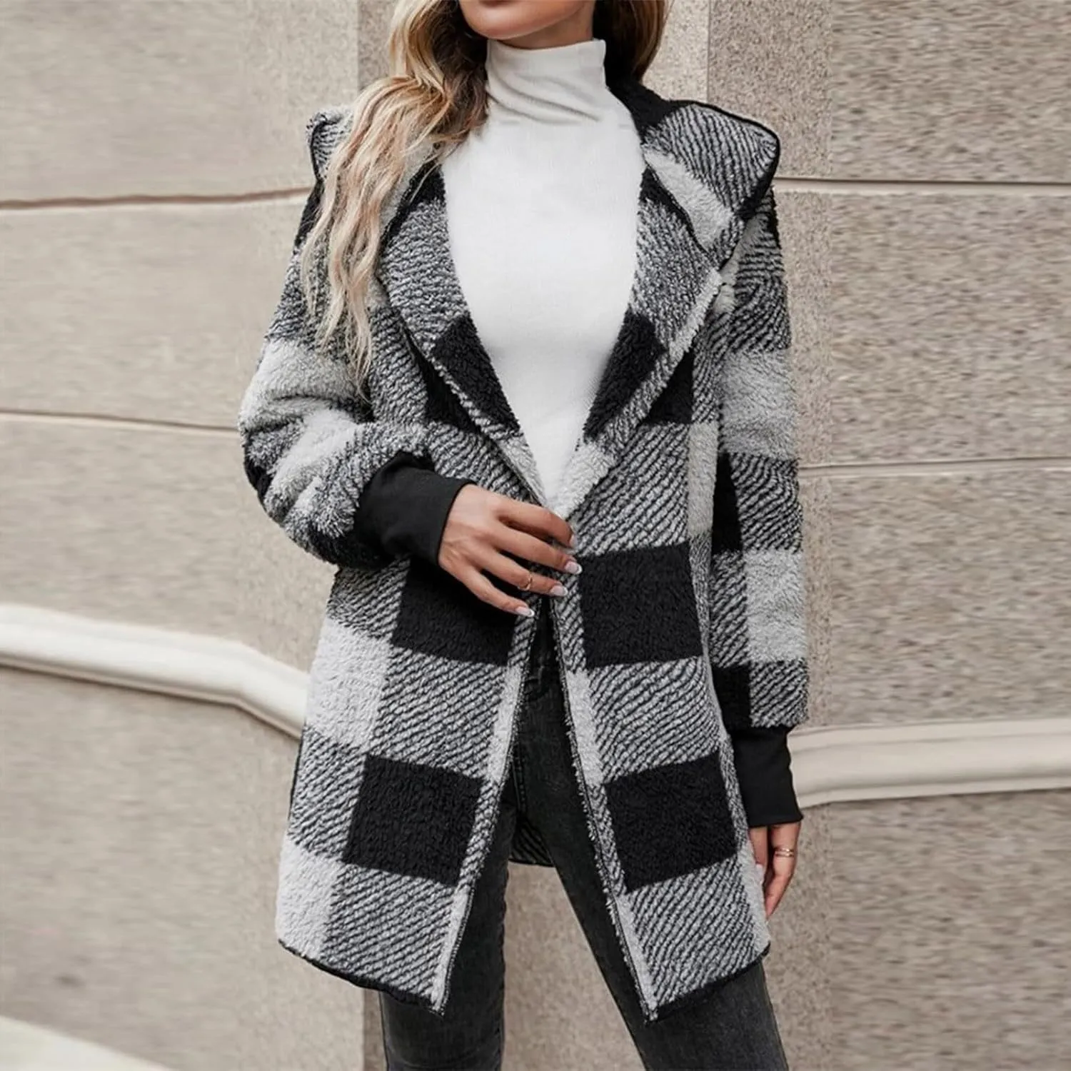 Shackets for Women Fall Zip Up Fuzzy Plaid Jacket Plus Size Casual Warm Winter Fleece Long Hoodie Coat with Pockets