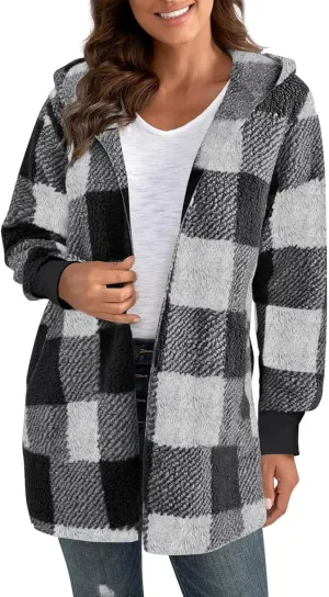 Shackets for Women Fall Zip Up Fuzzy Plaid Jacket Plus Size Casual Warm Winter Fleece Long Hoodie Coat with Pockets