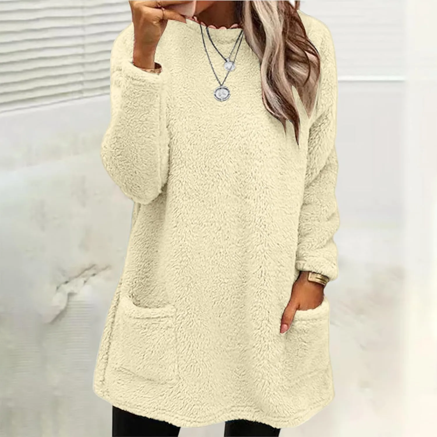 SHAOBGE Fleece Sherpa Pullover for Women Casual Crewneck Pullover Winter Warm Faux Fur Sweatshirts Loungwear Tops with Pocket