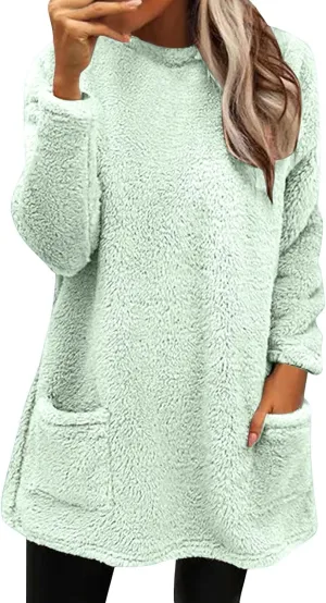 SHAOBGE Fleece Sherpa Pullover for Women Casual Crewneck Pullover Winter Warm Faux Fur Sweatshirts Loungwear Tops with Pocket