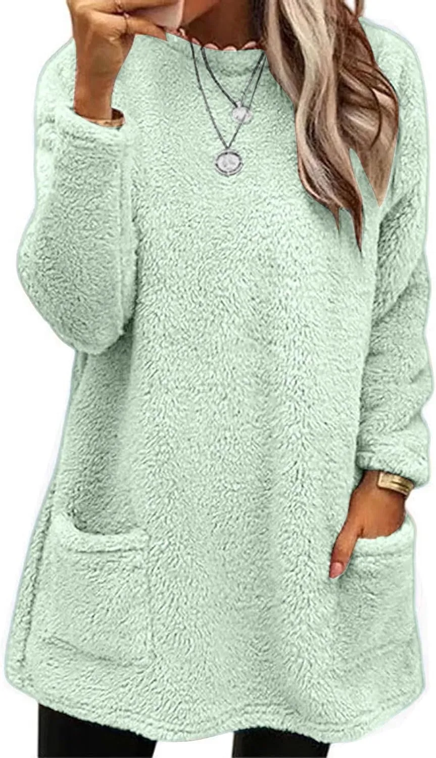 SHAOBGE Fleece Sherpa Pullover for Women Casual Crewneck Pullover Winter Warm Faux Fur Sweatshirts Loungwear Tops with Pocket