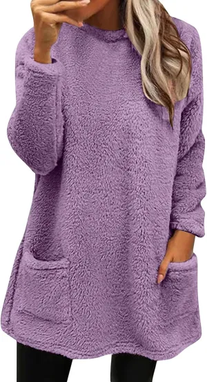 SHAOBGE Fleece Sherpa Pullover for Women Casual Crewneck Pullover Winter Warm Faux Fur Sweatshirts Loungwear Tops with Pocket