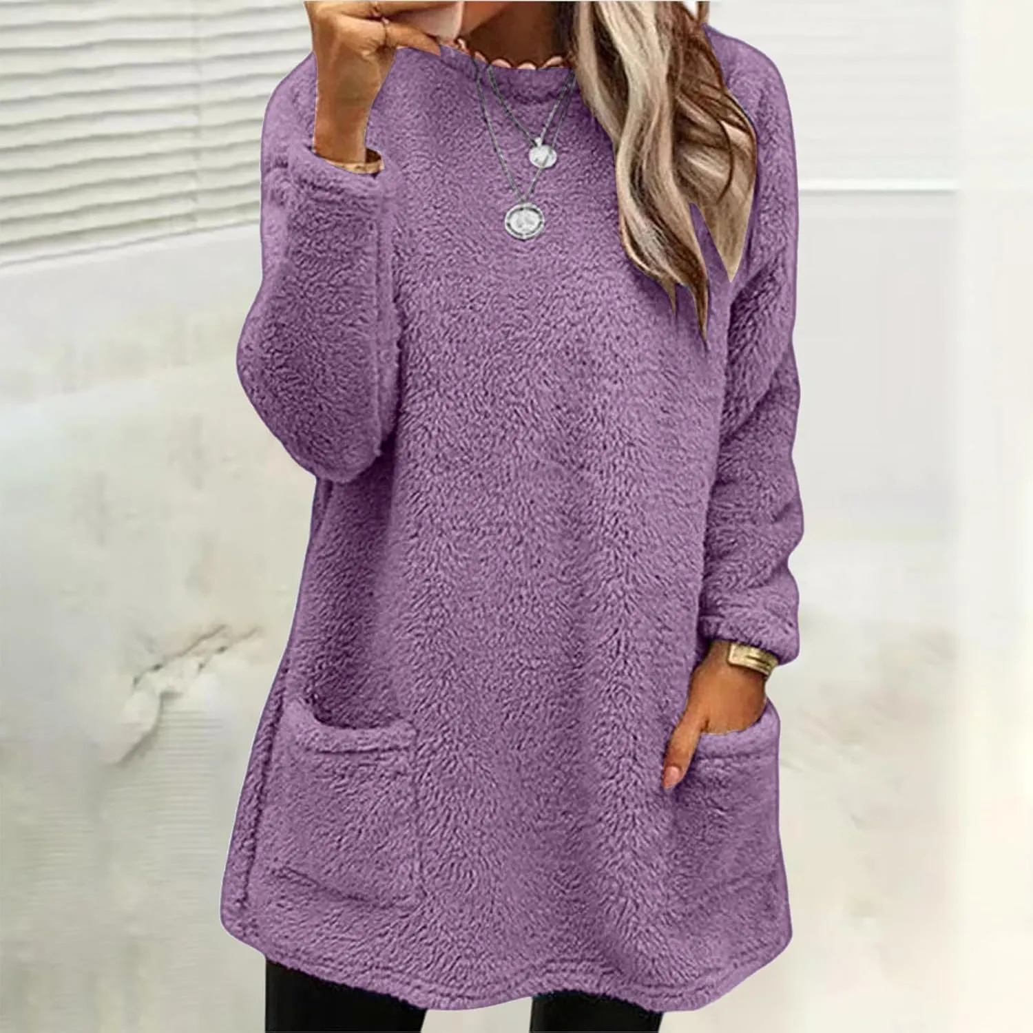 SHAOBGE Fleece Sherpa Pullover for Women Casual Crewneck Pullover Winter Warm Faux Fur Sweatshirts Loungwear Tops with Pocket