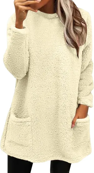 SHAOBGE Fleece Sherpa Pullover for Women Casual Crewneck Pullover Winter Warm Faux Fur Sweatshirts Loungwear Tops with Pocket