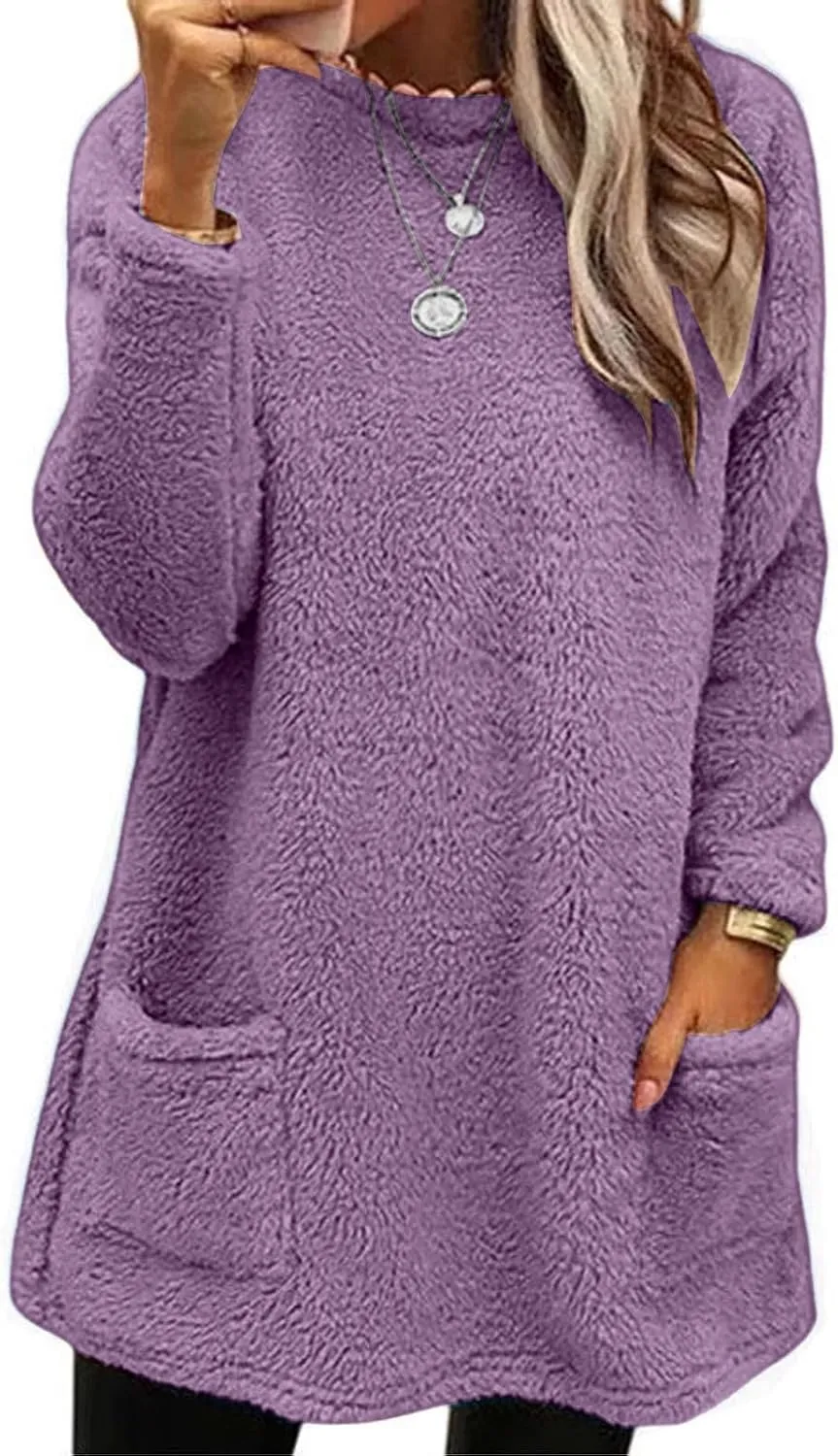 SHAOBGE Fleece Sherpa Pullover for Women Casual Crewneck Pullover Winter Warm Faux Fur Sweatshirts Loungwear Tops with Pocket
