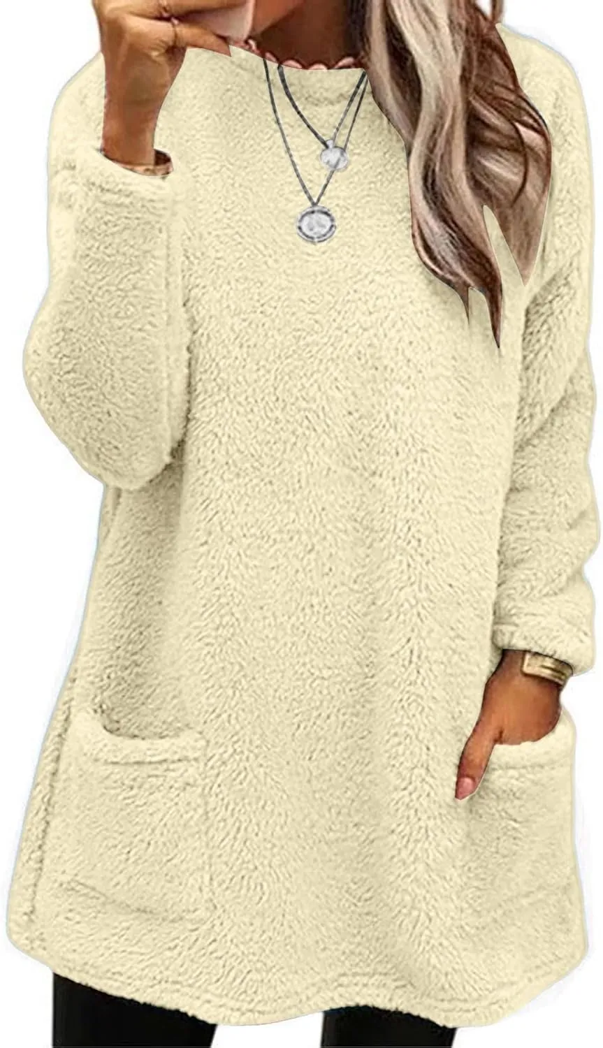 SHAOBGE Fleece Sherpa Pullover for Women Casual Crewneck Pullover Winter Warm Faux Fur Sweatshirts Loungwear Tops with Pocket