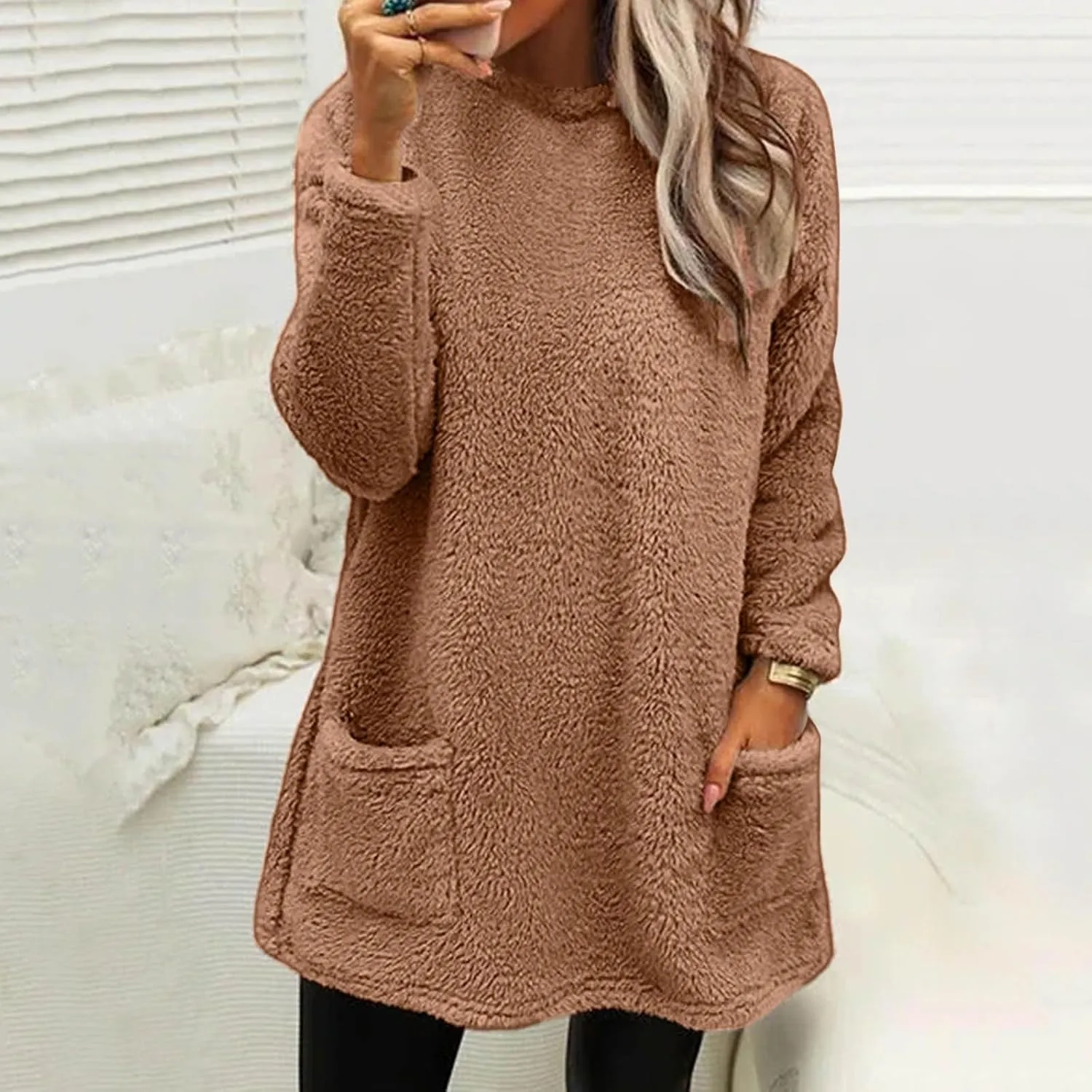 SHAOBGE Womens 2023 Winter Fleece Jacket Sweater Warm Solid Color Outerwear Lightweight Casual Loose Coat with Pockets