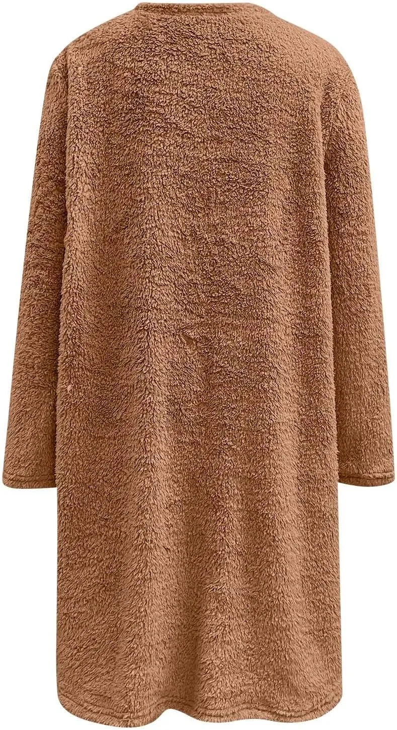 SHAOBGE Womens 2023 Winter Fleece Jacket Sweater Warm Solid Color Outerwear Lightweight Casual Loose Coat with Pockets