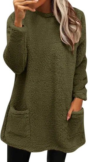 SHAOBGE Womens 2023 Winter Fleece Jacket Sweater Warm Solid Color Outerwear Lightweight Casual Loose Coat with Pockets