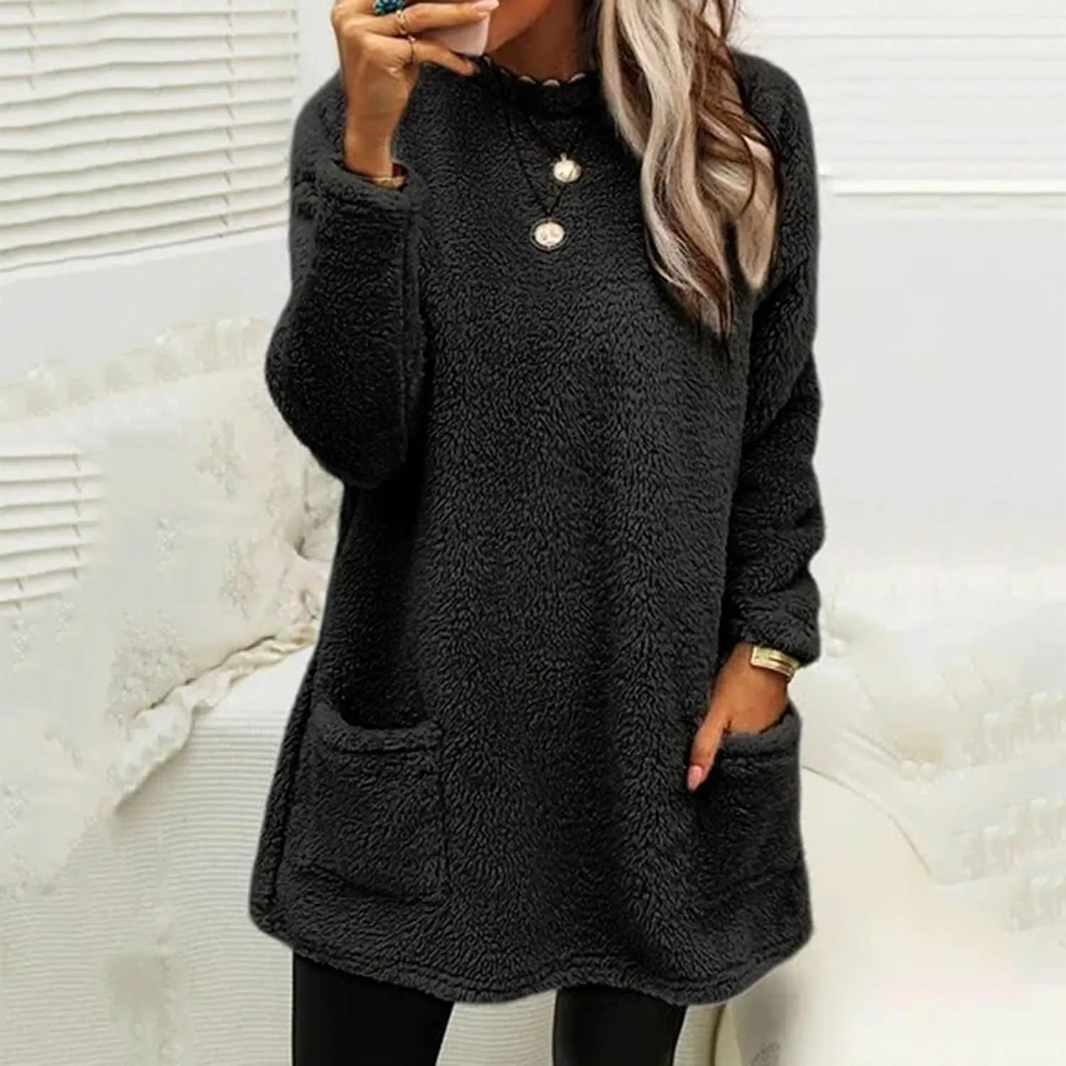 SHAOBGE Womens 2023 Winter Fleece Jacket Sweater Warm Solid Color Outerwear Lightweight Casual Loose Coat with Pockets