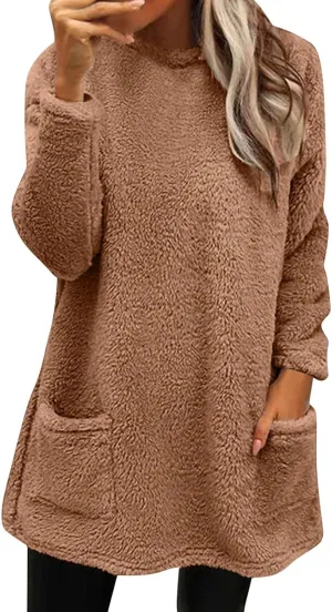 SHAOBGE Womens 2023 Winter Fleece Jacket Sweater Warm Solid Color Outerwear Lightweight Casual Loose Coat with Pockets