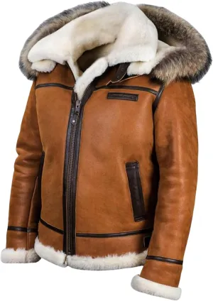 Shearling Jacket Men Vintage Sheepskin Leather Coat Warm Sherpa Fleece Lined Coat Winter Motorcycle Jackets with Hood