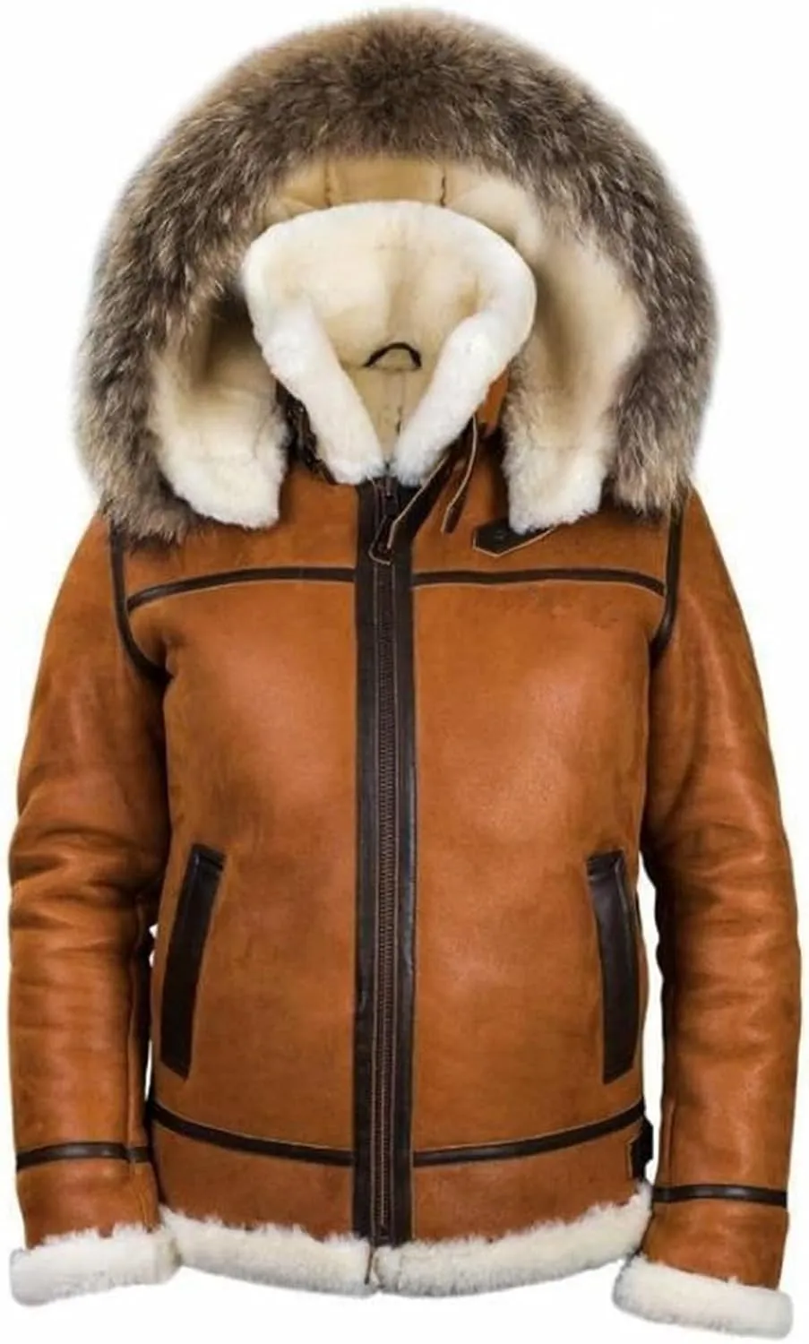 Shearling Jacket Men Vintage Sheepskin Leather Coat Warm Sherpa Fleece Lined Coat Winter Motorcycle Jackets with Hood
