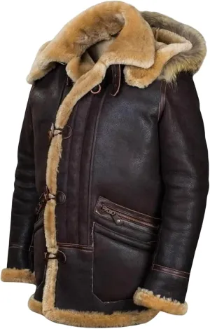 Shearling Jacket Men Vintage Sheepskin Leather Coat Warm Sherpa Fleece Lined Coat Winter Motorcycle Jackets with Hood
