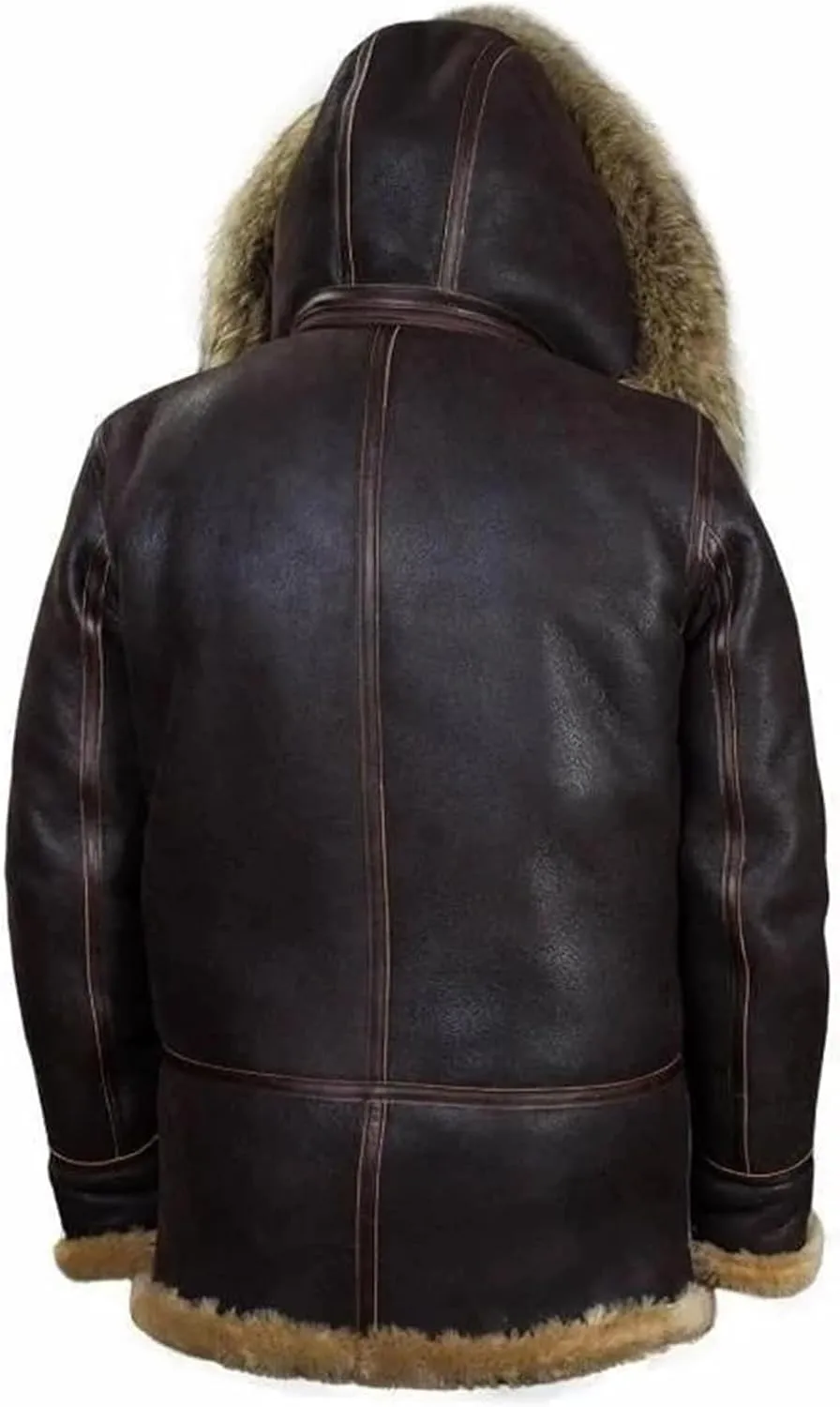 Shearling Jacket Men Vintage Sheepskin Leather Coat Warm Sherpa Fleece Lined Coat Winter Motorcycle Jackets with Hood