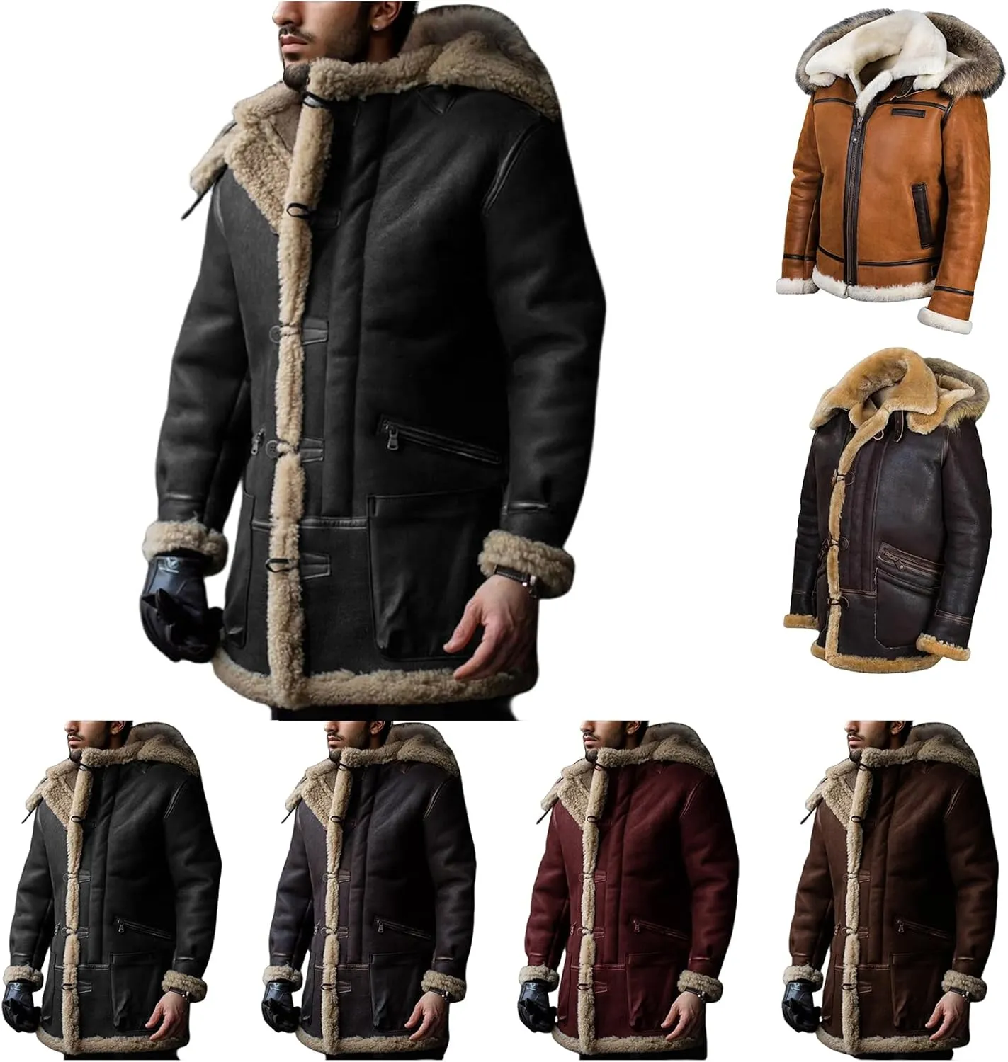 Shearling Jacket Men Vintage Sheepskin Leather Coat Warm Sherpa Fleece Lined Coat Winter Motorcycle Jackets with Hood