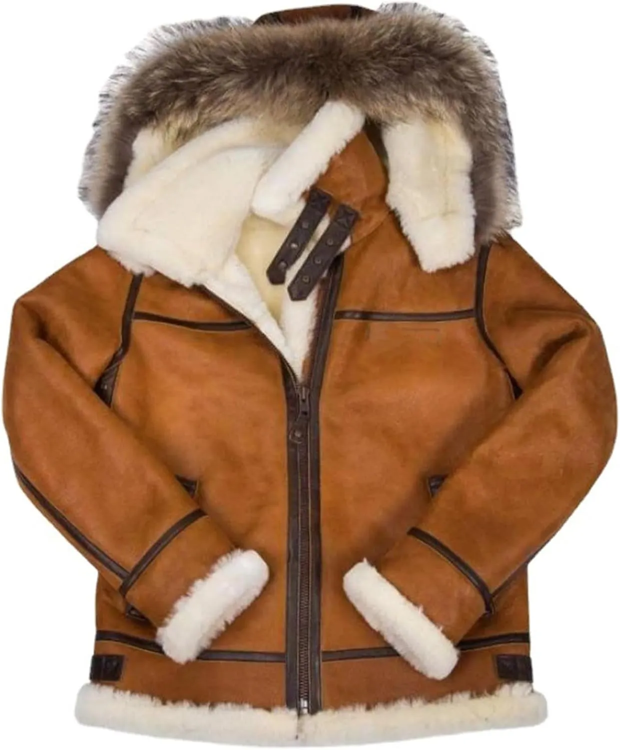 Shearling Jacket Men Vintage Sheepskin Leather Coat Warm Sherpa Fleece Lined Coat Winter Motorcycle Jackets with Hood