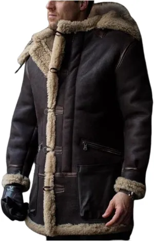 Shearling Jacket Men Vintage Sheepskin Leather Coat Warm Sherpa Fleece Lined Coat Winter Motorcycle Jackets with Hood