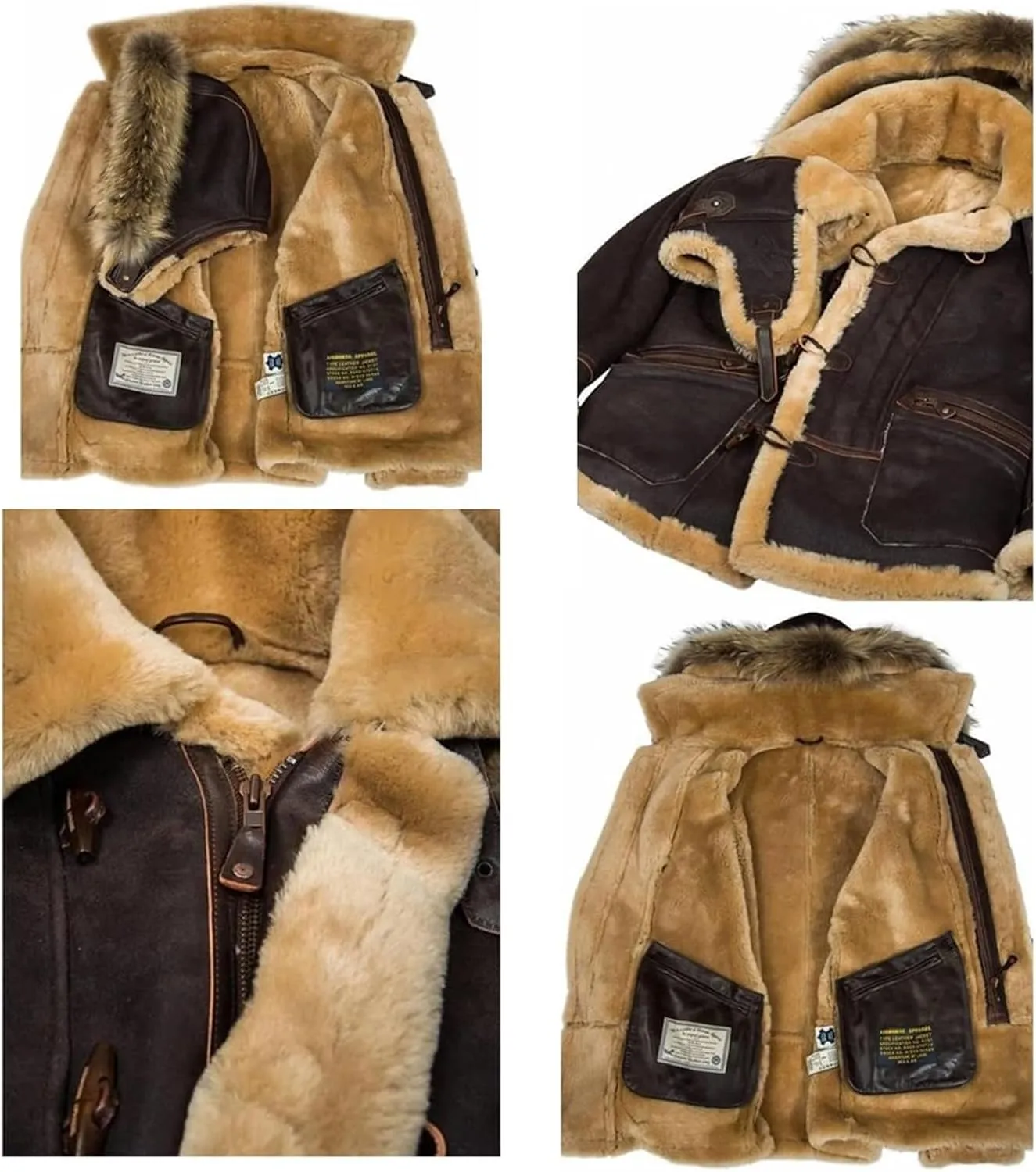 Shearling Jacket Men Vintage Sheepskin Leather Coat Warm Sherpa Fleece Lined Coat Winter Motorcycle Jackets with Hood