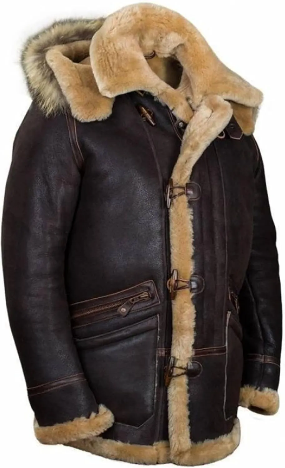 Shearling Jacket Men Vintage Sheepskin Leather Coat Warm Sherpa Fleece Lined Coat Winter Motorcycle Jackets with Hood
