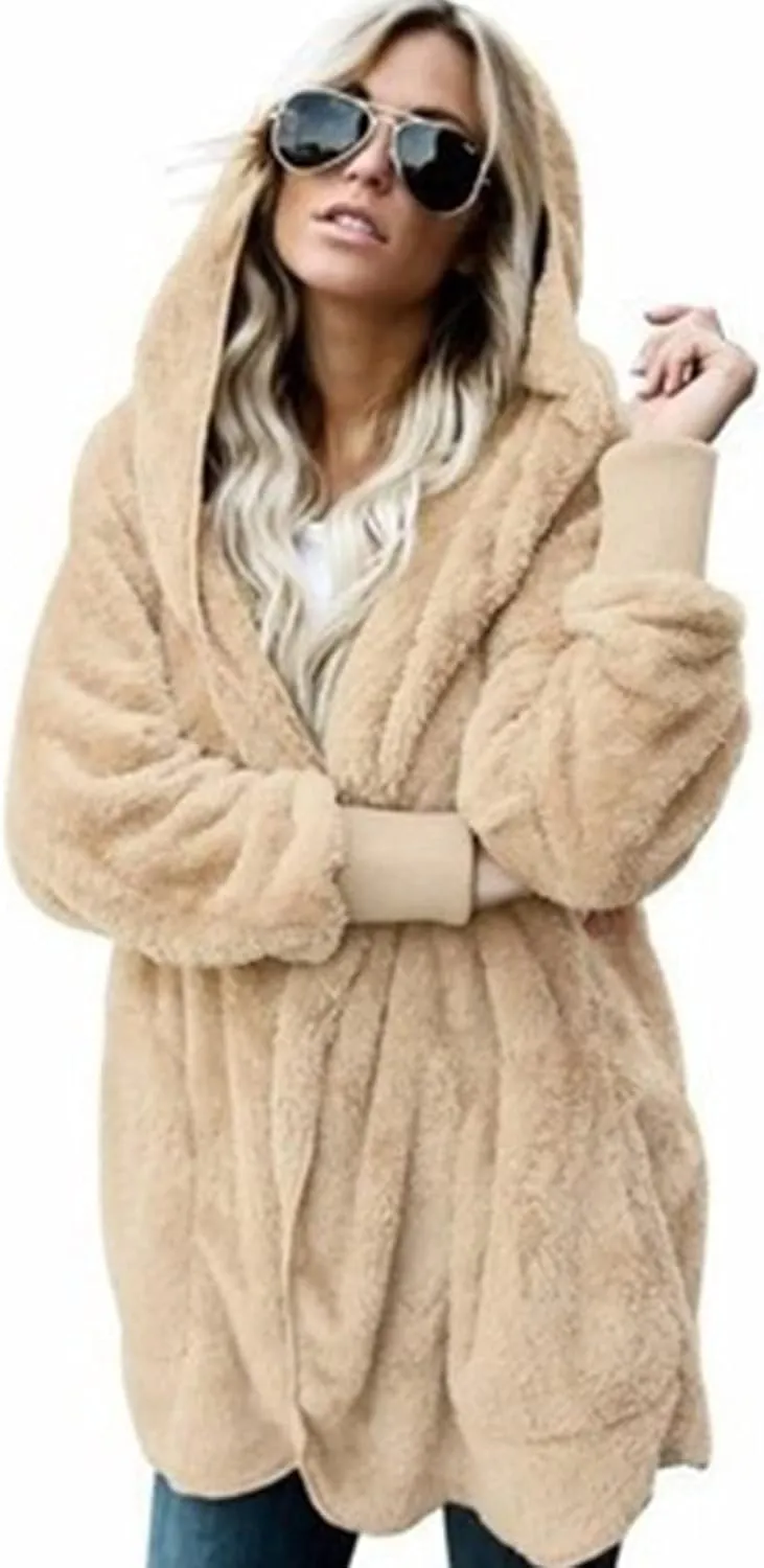Sherpa Jacket Women Fuzzy Open Front Fleece Lined Jackets Soft Warm Hooded Cardigan Fleece Sweater Winter Coat