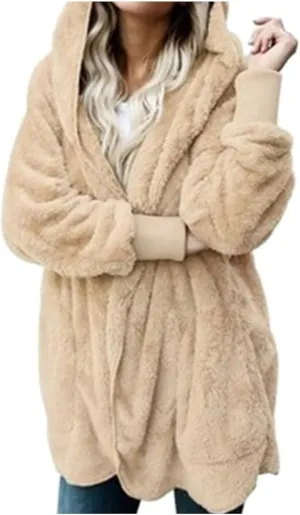 Sherpa Jacket Women Fuzzy Open Front Fleece Lined Jackets Soft Warm Hooded Cardigan Fleece Sweater Winter Coat