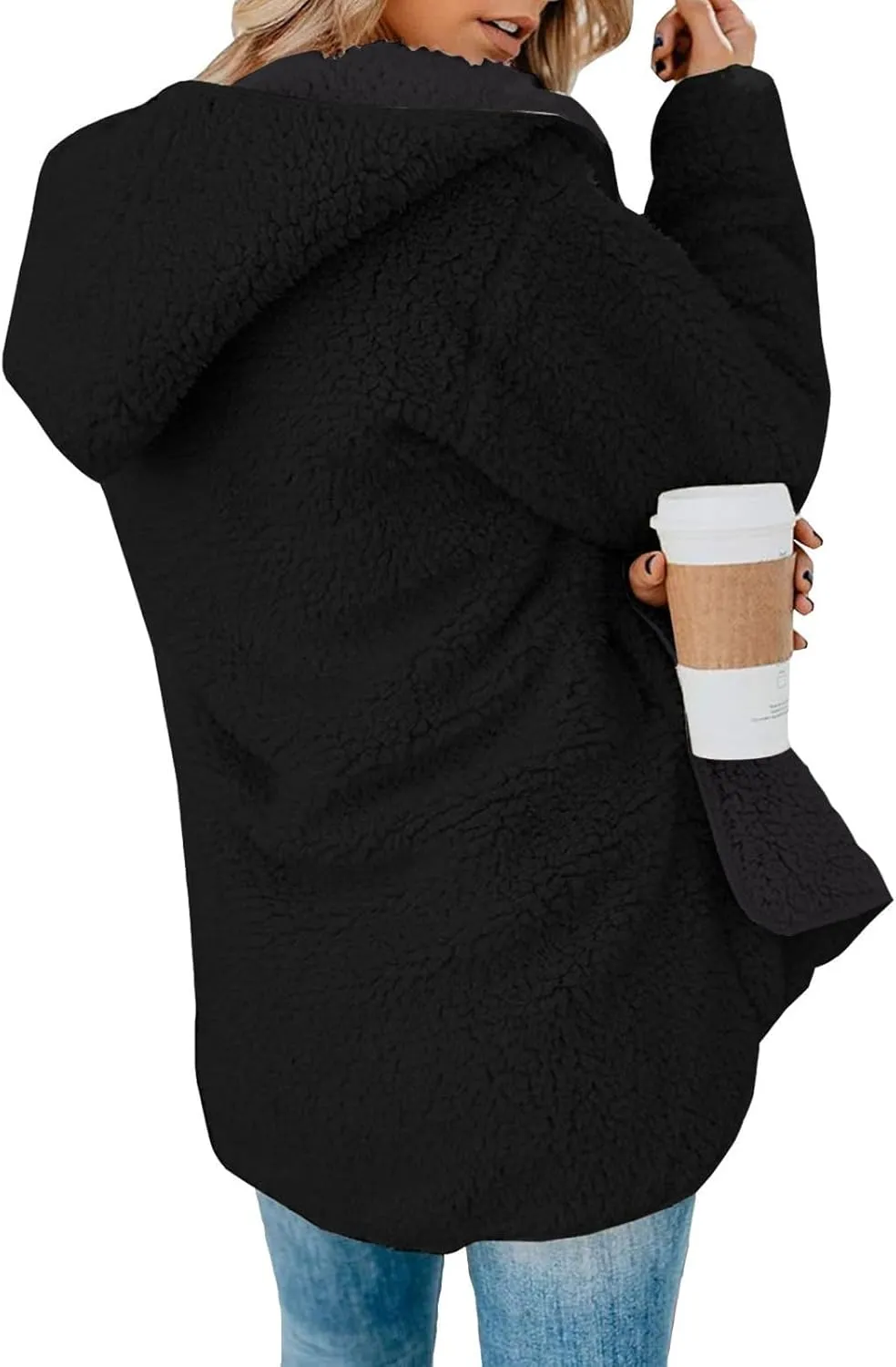Sherpa Jacket Women Oversized Faux Fur Teddy Coat Fuzzy Long Sleeve Fleece Jacket Hooded Open Front Cardigan