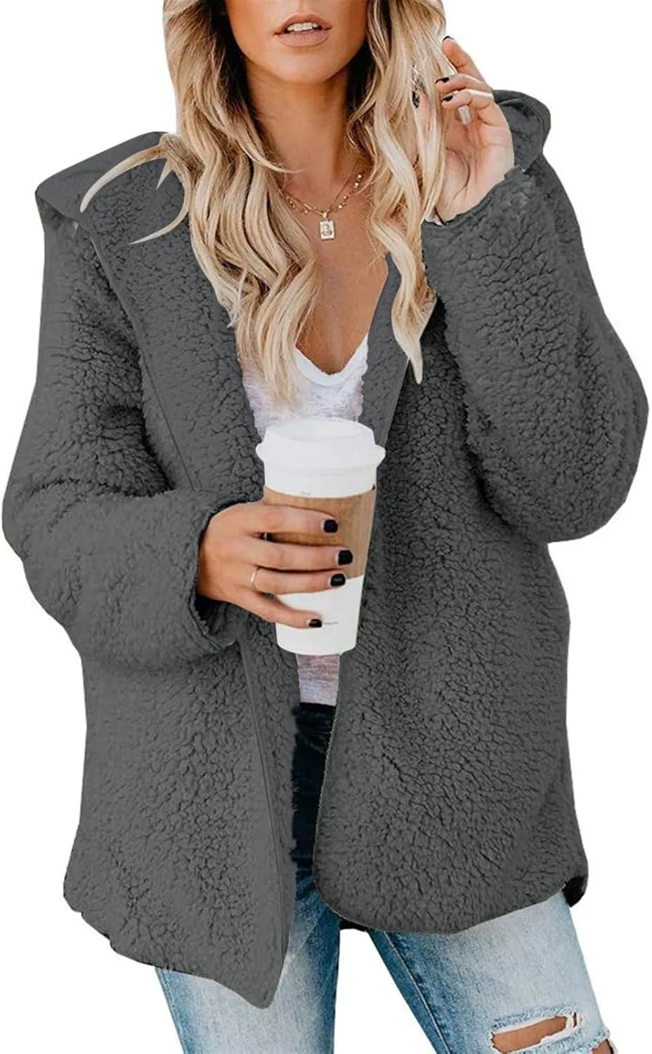 Sherpa Jacket Women Oversized Faux Fur Teddy Coat Fuzzy Long Sleeve Fleece Jacket Hooded Open Front Cardigan