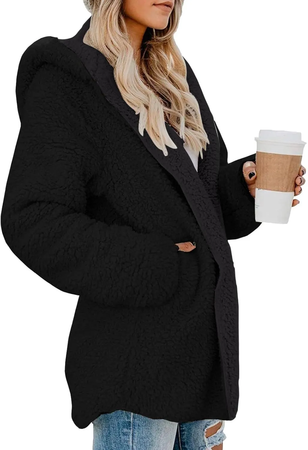 Sherpa Jacket Women Oversized Faux Fur Teddy Coat Fuzzy Long Sleeve Fleece Jacket Hooded Open Front Cardigan