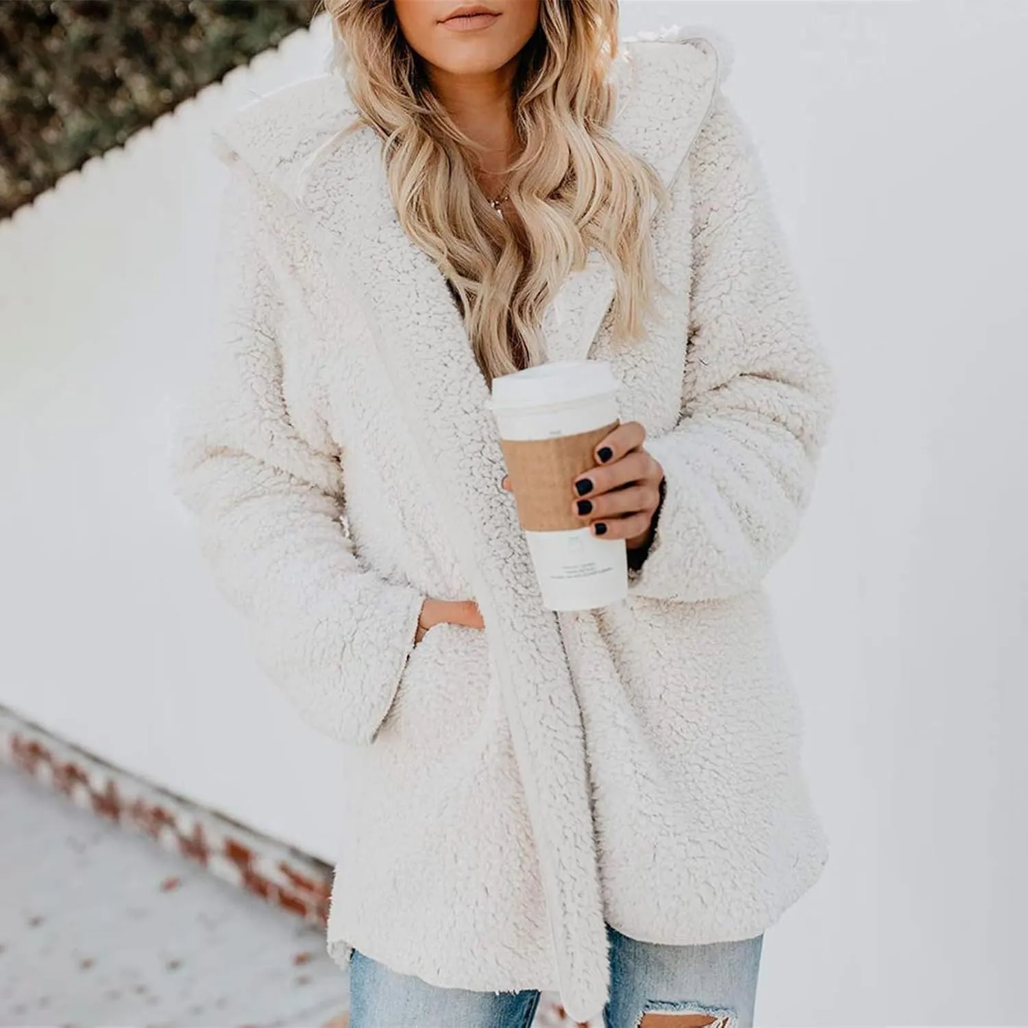 Sherpa Jacket Women Oversized Faux Fur Teddy Coat Fuzzy Long Sleeve Fleece Jacket Hooded Open Front Cardigan