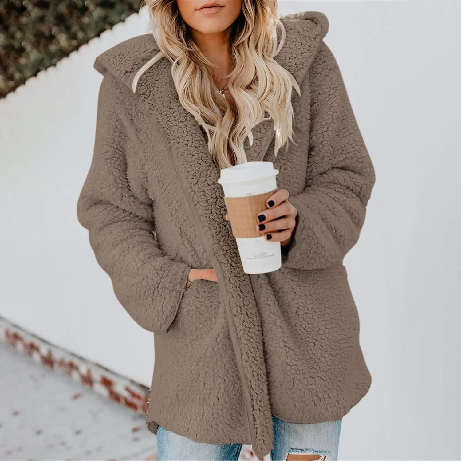Sherpa Jacket Women Oversized Faux Fur Teddy Coat Fuzzy Long Sleeve Fleece Jacket Hooded Open Front Cardigan