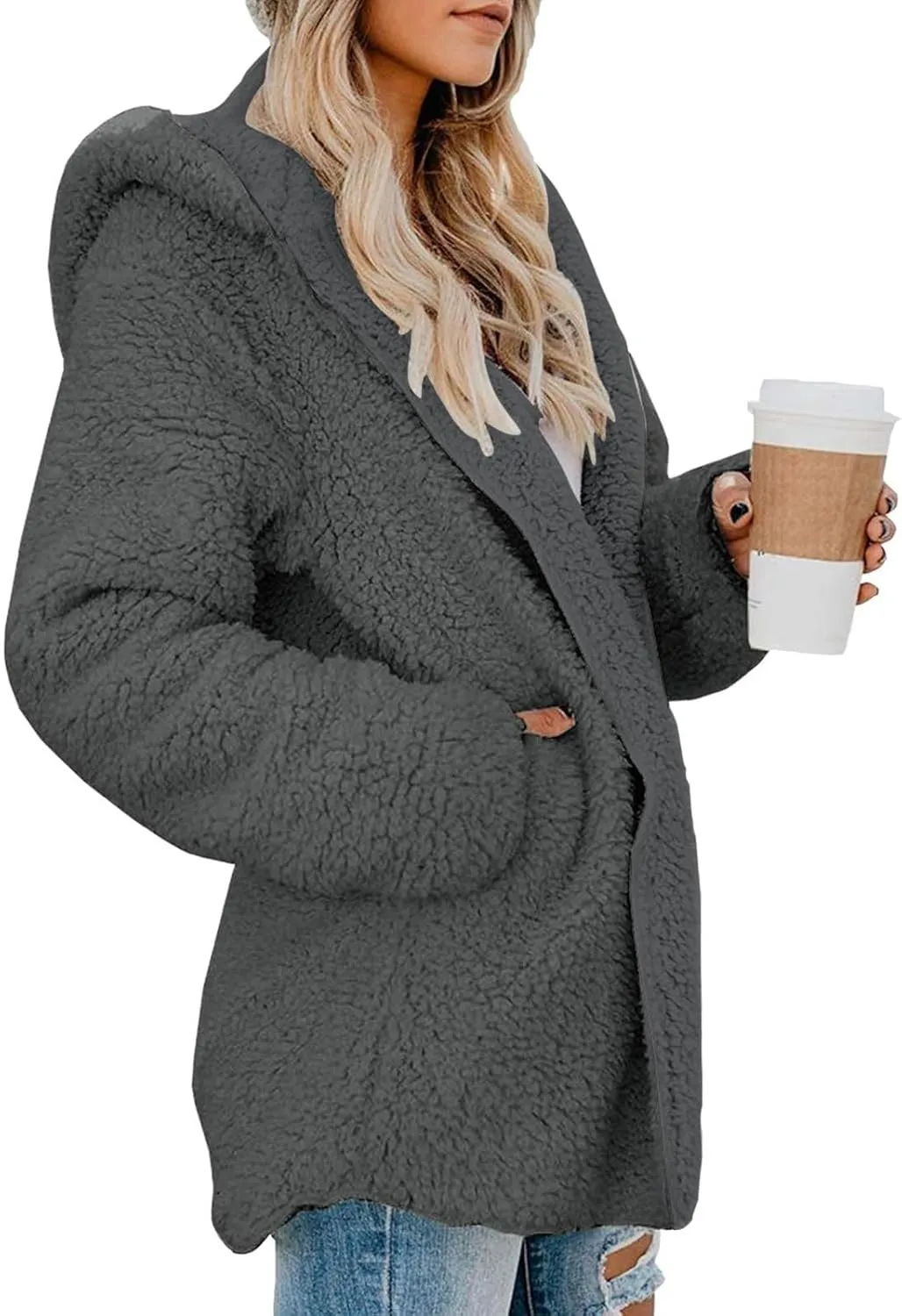 Sherpa Jacket Women Oversized Faux Fur Teddy Coat Fuzzy Long Sleeve Fleece Jacket Hooded Open Front Cardigan