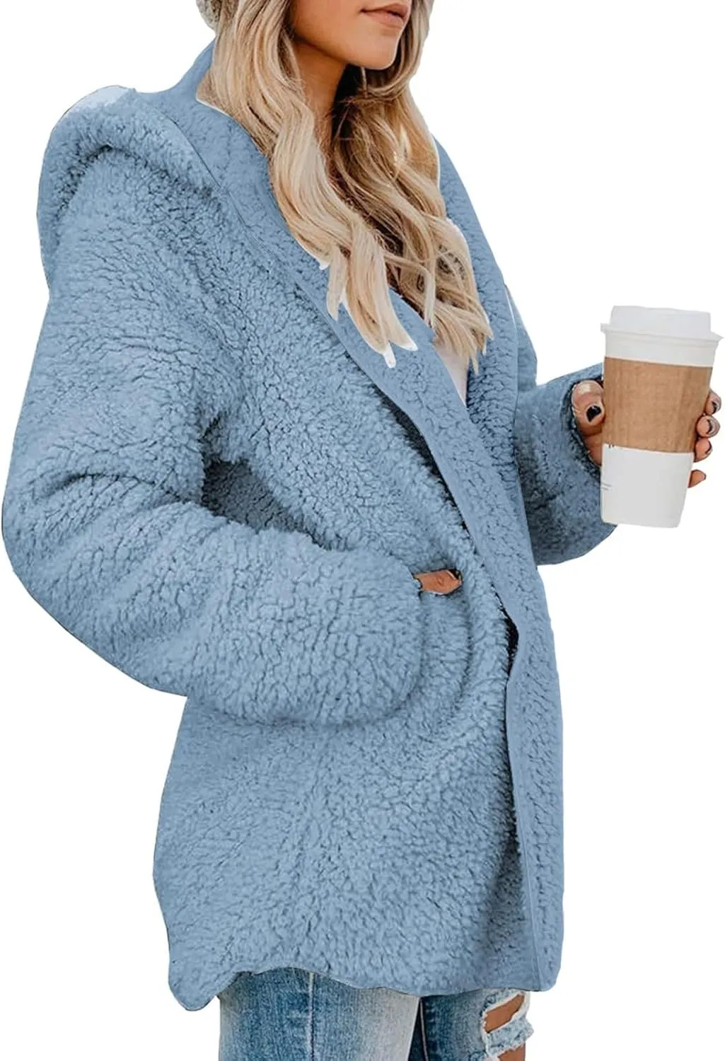 Sherpa Jacket Women Oversized Faux Fur Teddy Coat Fuzzy Long Sleeve Fleece Jacket Hooded Open Front Cardigan