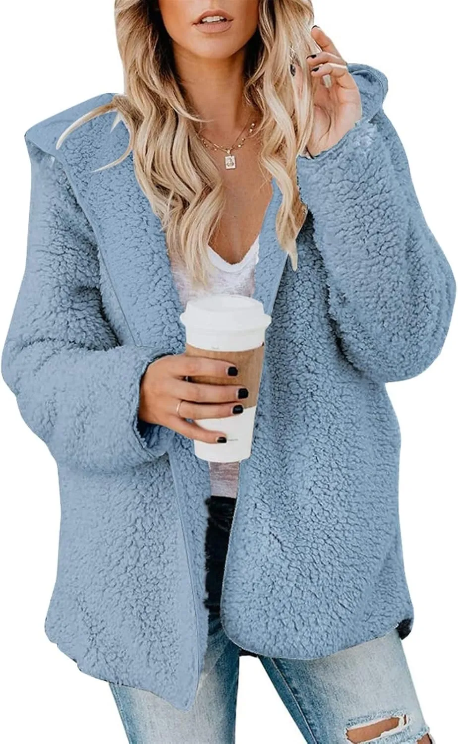 Sherpa Jacket Women Oversized Faux Fur Teddy Coat Fuzzy Long Sleeve Fleece Jacket Hooded Open Front Cardigan