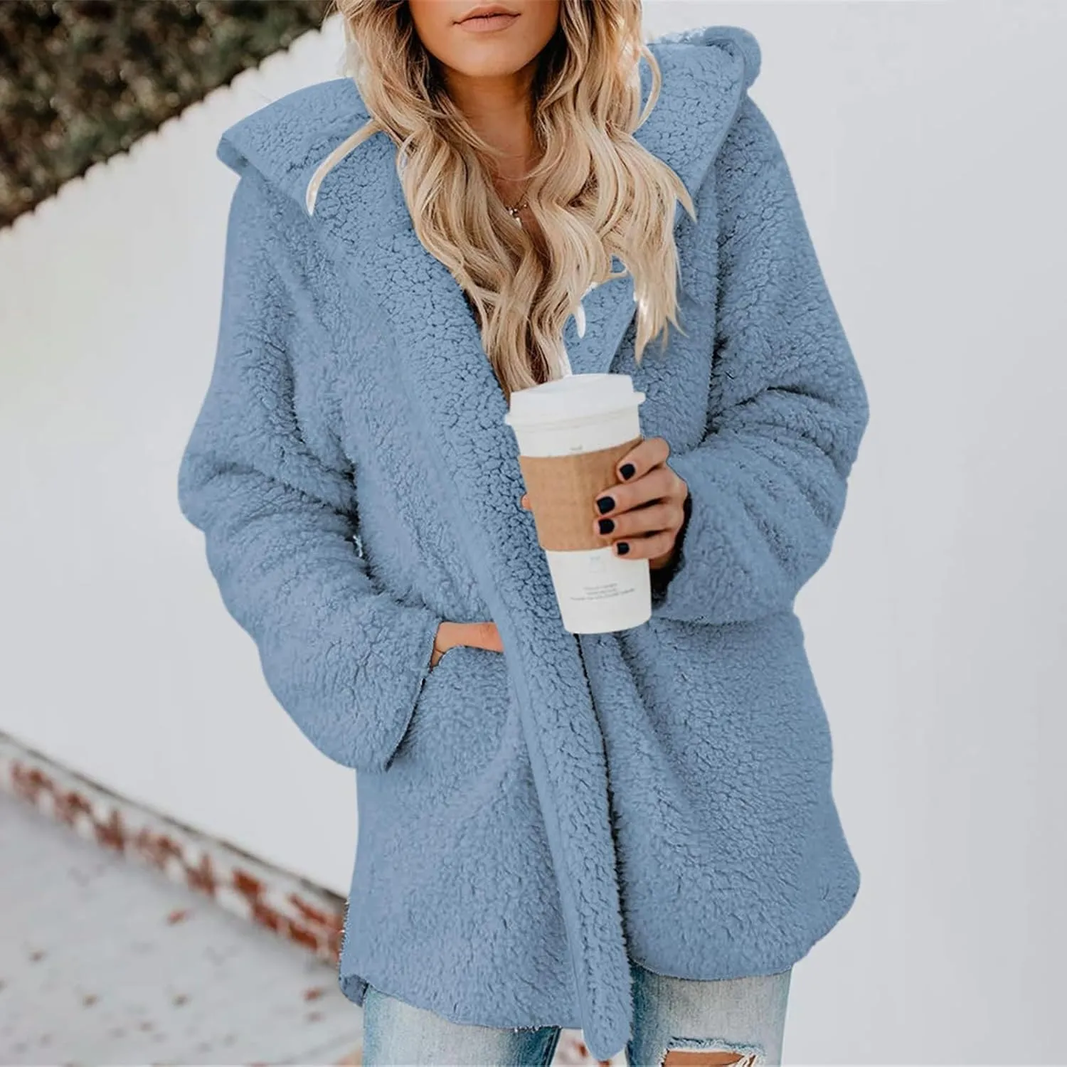 Sherpa Jacket Women Oversized Faux Fur Teddy Coat Fuzzy Long Sleeve Fleece Jacket Hooded Open Front Cardigan