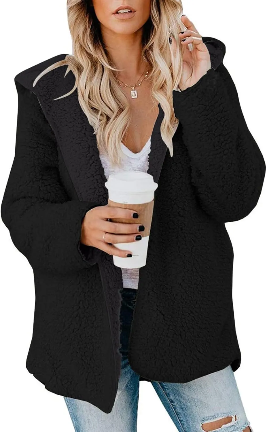 Sherpa Jacket Women Oversized Faux Fur Teddy Coat Fuzzy Long Sleeve Fleece Jacket Hooded Open Front Cardigan