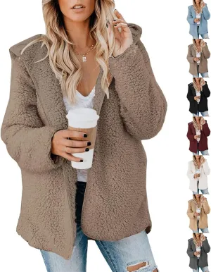 Sherpa Jacket Women Oversized Faux Fur Teddy Coat Fuzzy Long Sleeve Fleece Jacket Hooded Open Front Cardigan