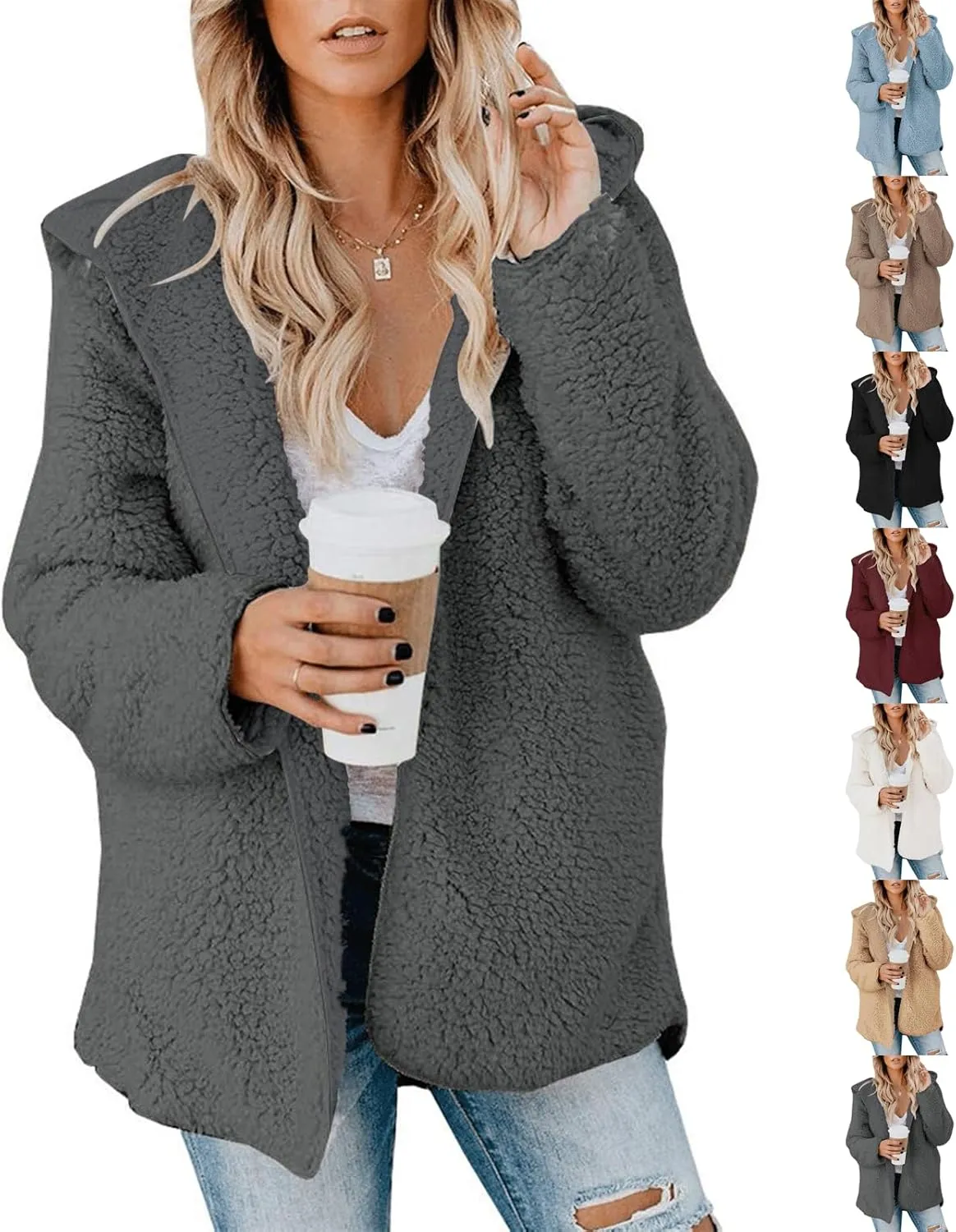Sherpa Jacket Women Oversized Faux Fur Teddy Coat Fuzzy Long Sleeve Fleece Jacket Hooded Open Front Cardigan