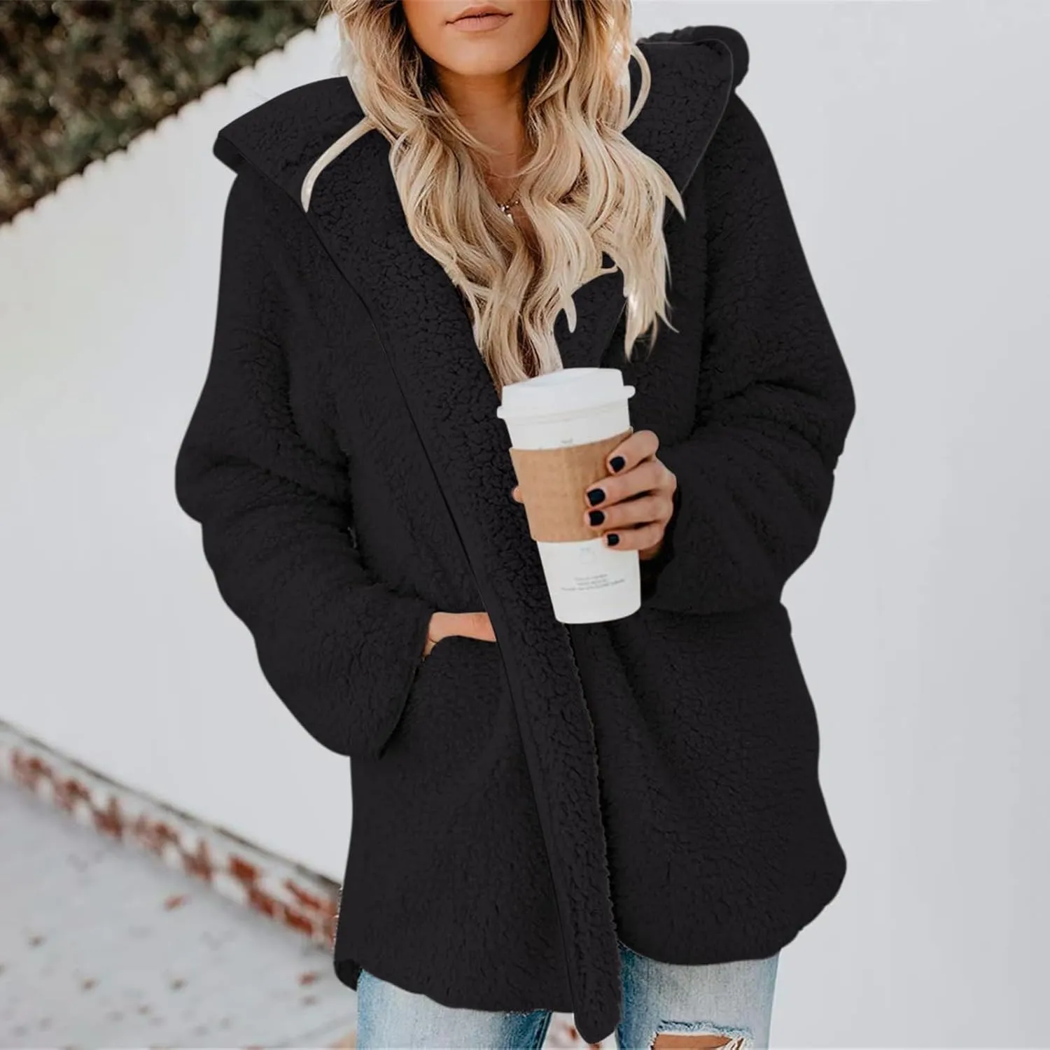 Sherpa Jacket Women Oversized Faux Fur Teddy Coat Fuzzy Long Sleeve Fleece Jacket Hooded Open Front Cardigan