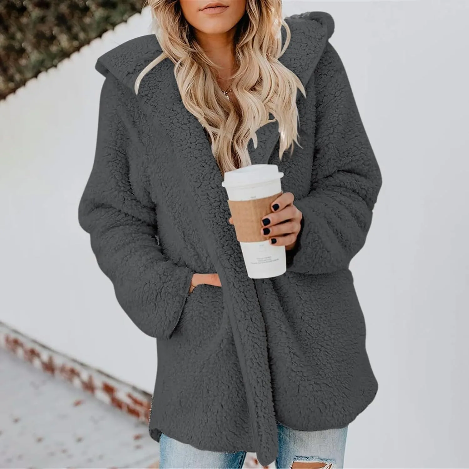 Sherpa Jacket Women Oversized Faux Fur Teddy Coat Fuzzy Long Sleeve Fleece Jacket Hooded Open Front Cardigan
