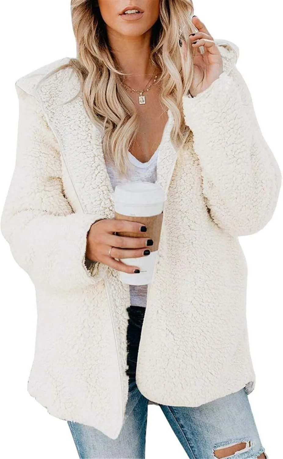 Sherpa Jacket Women Oversized Faux Fur Teddy Coat Fuzzy Long Sleeve Fleece Jacket Hooded Open Front Cardigan