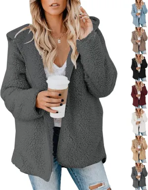 Sherpa Jacket Women Oversized Faux Fur Teddy Coat Fuzzy Long Sleeve Fleece Jacket Hooded Open Front Cardigan
