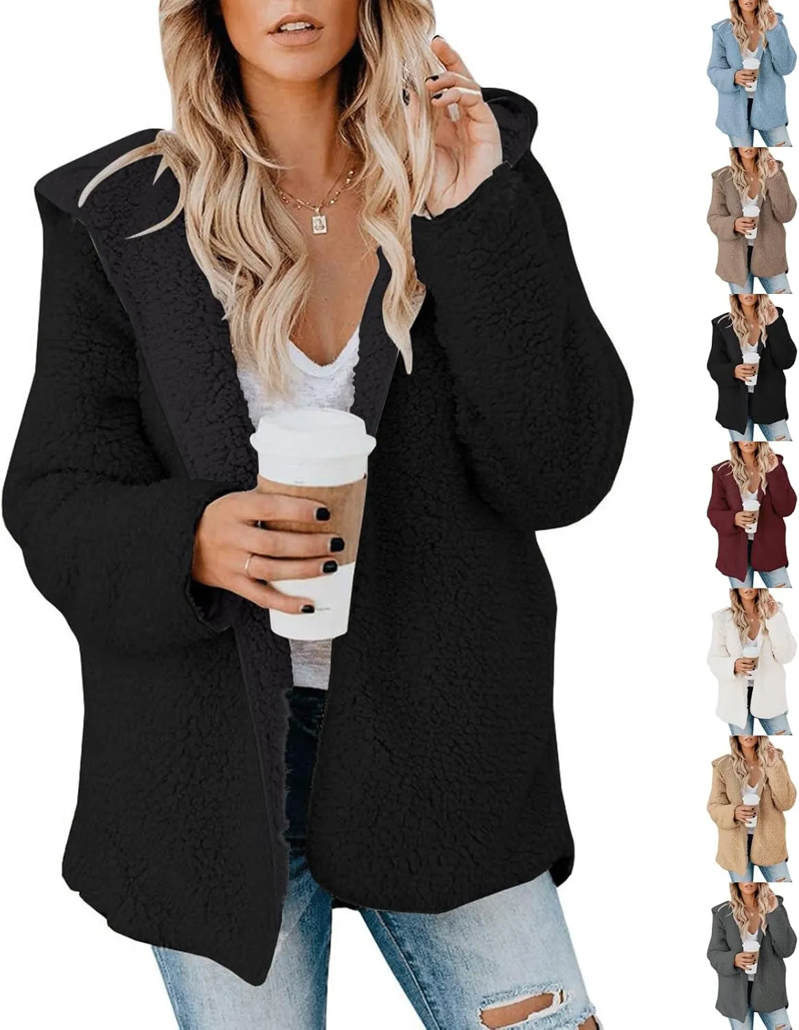 Sherpa Jacket Women Oversized Faux Fur Teddy Coat Fuzzy Long Sleeve Fleece Jacket Hooded Open Front Cardigan