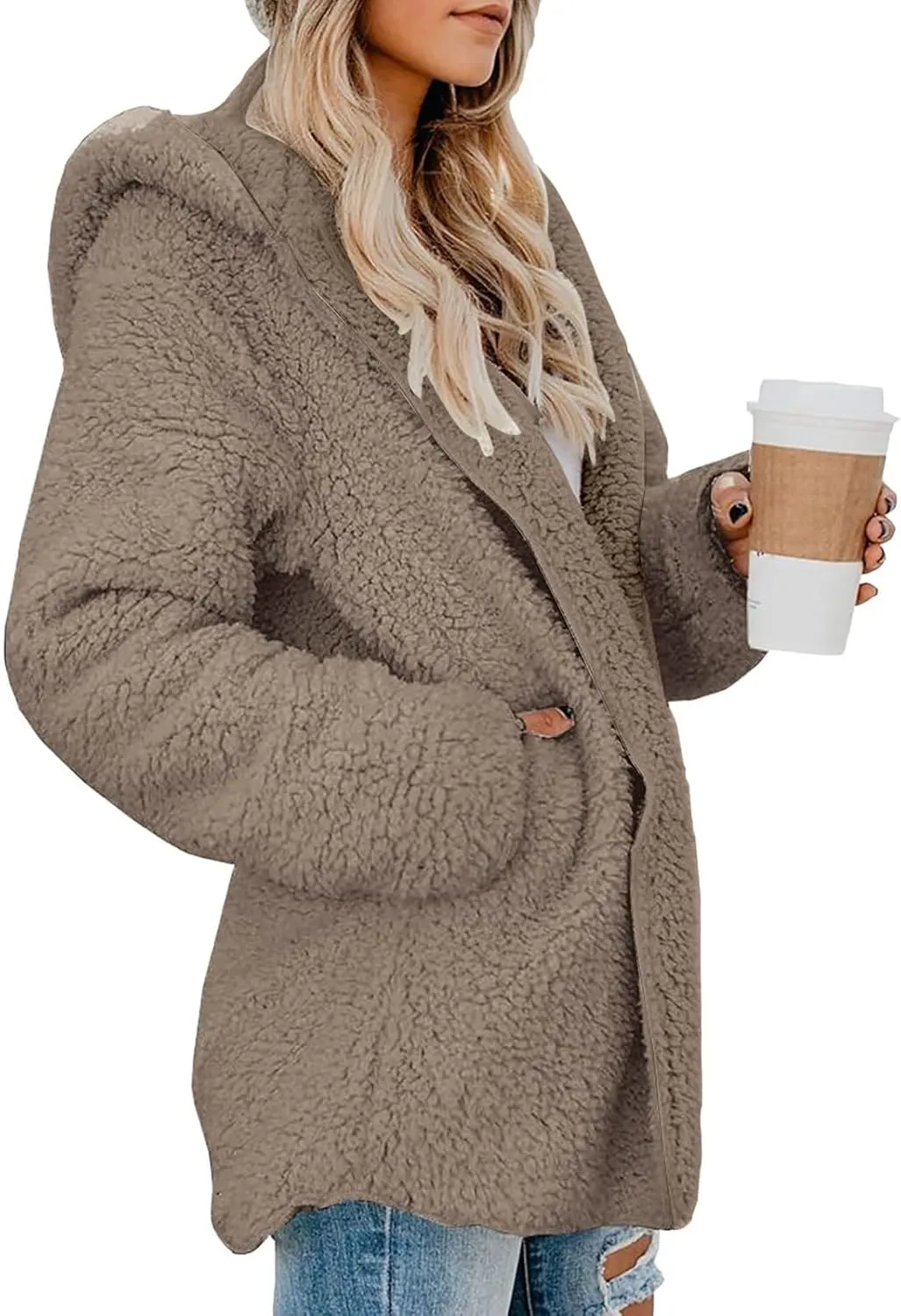 Sherpa Jacket Women Oversized Faux Fur Teddy Coat Fuzzy Long Sleeve Fleece Jacket Hooded Open Front Cardigan