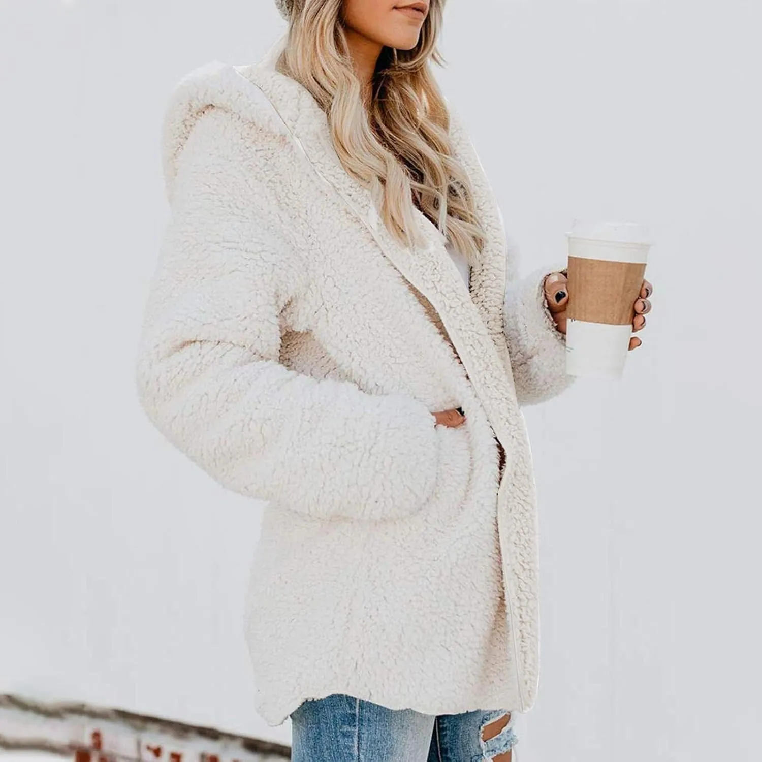 Sherpa Jacket Women Oversized Faux Fur Teddy Coat Fuzzy Long Sleeve Fleece Jacket Hooded Open Front Cardigan