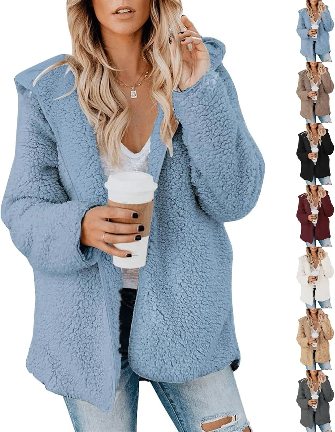 Sherpa Jacket Women Oversized Faux Fur Teddy Coat Fuzzy Long Sleeve Fleece Jacket Hooded Open Front Cardigan