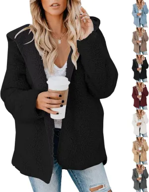 Sherpa Jacket Women Oversized Faux Fur Teddy Coat Fuzzy Long Sleeve Fleece Jacket Hooded Open Front Cardigan