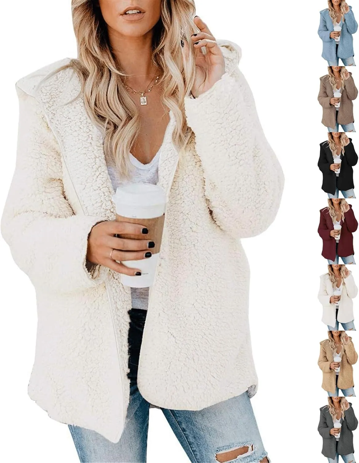 Sherpa Jacket Women Oversized Faux Fur Teddy Coat Fuzzy Long Sleeve Fleece Jacket Hooded Open Front Cardigan