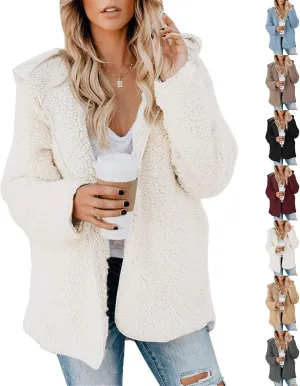 Sherpa Jacket Women Oversized Faux Fur Teddy Coat Fuzzy Long Sleeve Fleece Jacket Hooded Open Front Cardigan